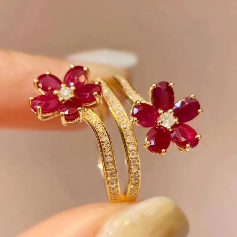 Fashion Vintage Delicate Floral Ruby Rings for Female Temperament Inlaid Full of Cubic Zirconia Opening Ring Party Birthday Gift