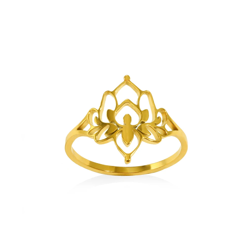Stainless Steel Lotus Flower Ring for Women Gold Color Vintage Stone Opal Oval Flower Ring Fashion Aesthetic Jewelry Gift
