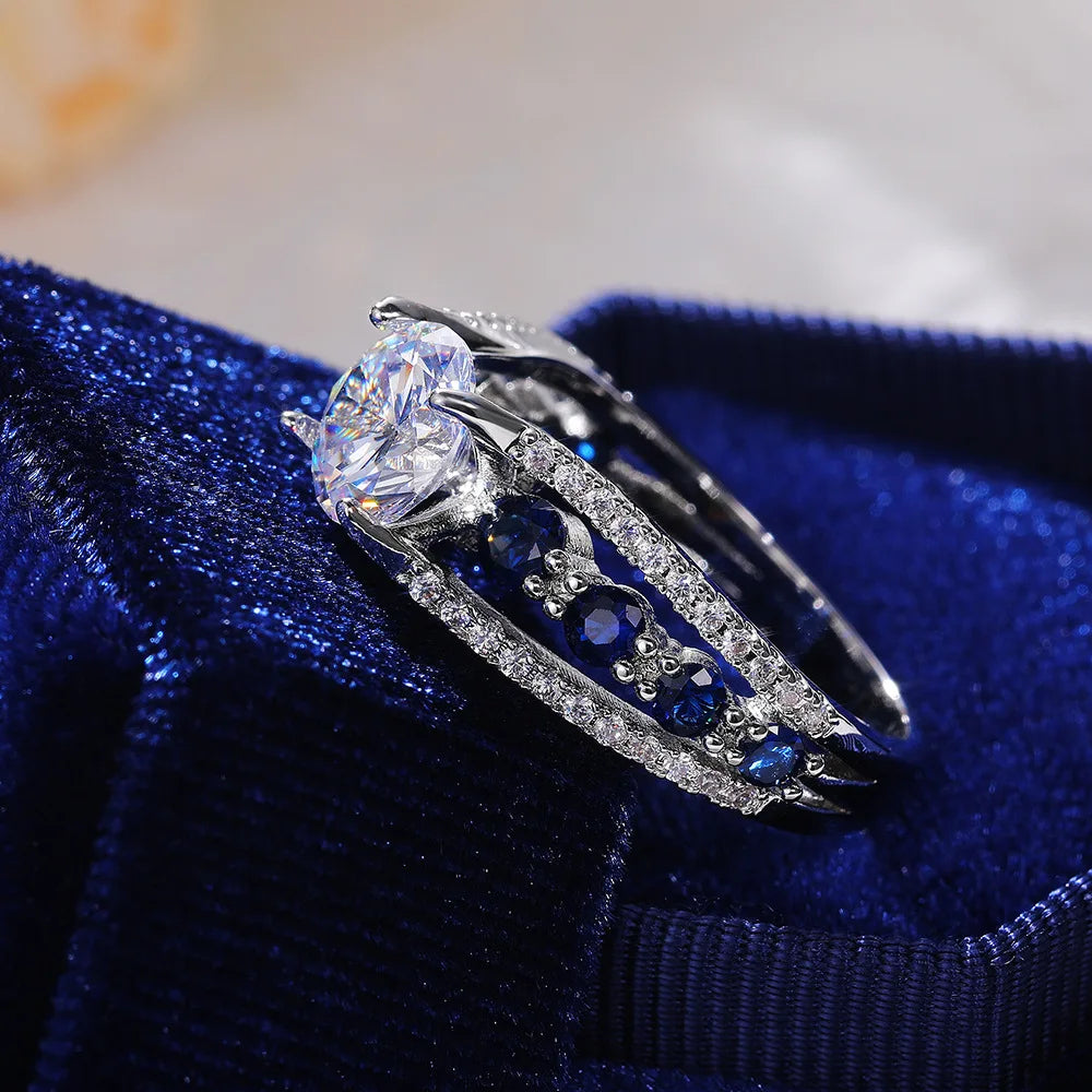 Creative Hollow out Sapphire Blue Zircon Ring for WOMEN'S Luxurious Banquet Engagement Jewelry