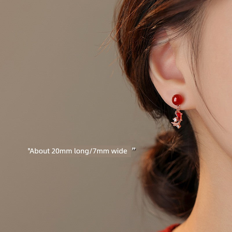 [Xiangnan] 925 Sterling Silver Red Agate Koi Stud Earrings Birth Year 2025 Snake Earrings New Year Female Earrings