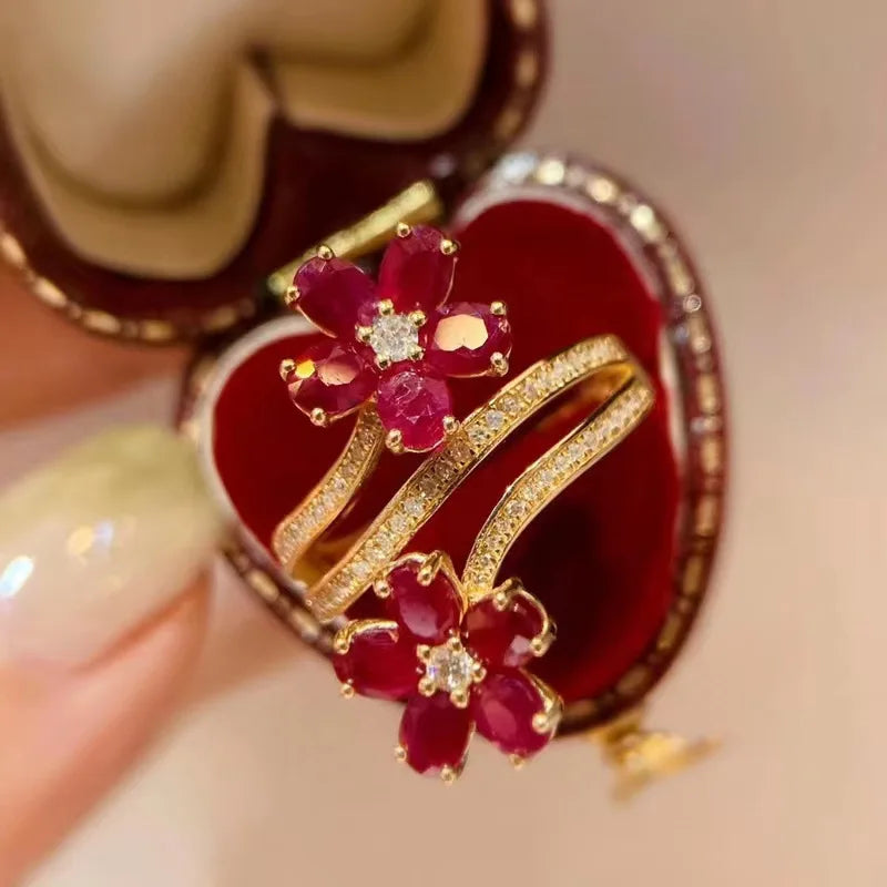 Fashion Vintage Delicate Floral Ruby Rings for Female Temperament Inlaid Full of Cubic Zirconia Opening Ring Party Birthday Gift