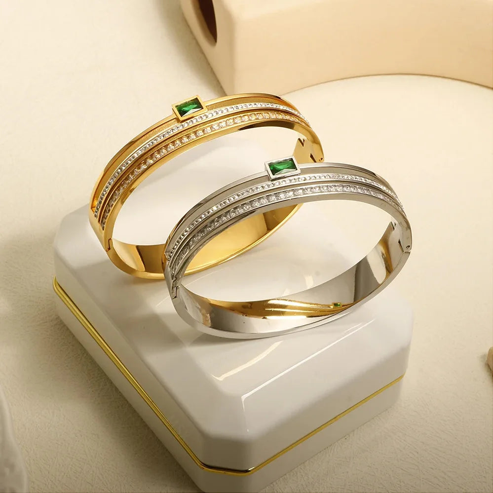 Stainless Steel Inlaid Zirconium Multi-Layer Bracelet For Women Three-Layer Green Zircon Versatile Fashion Bracelet Jewelry