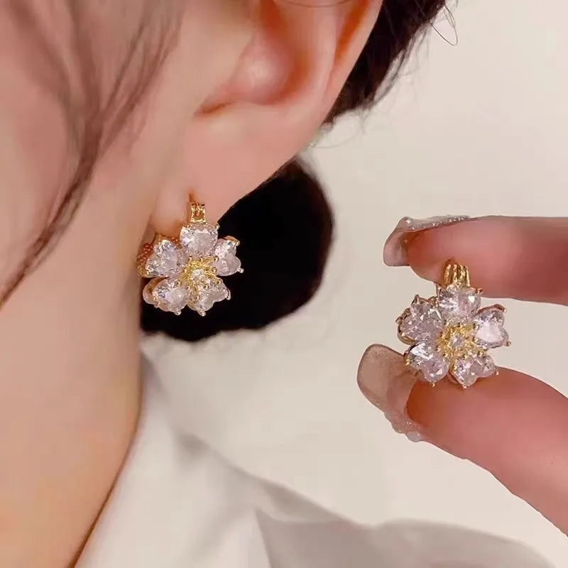 ZAKOL Korean Fashion Flower Earrings Shiny Leaf Zircon Imitation Pearl Drop Earring Bridal Wedding Jewelry