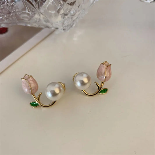 French Tulip Flower Stud Earrings Light Luxury Imitation Pearl Earrings Women's Fashion Summer Female Ear Jewelry Party Gifts