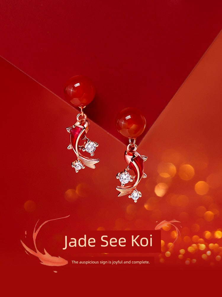 [Xiangnan] 925 Sterling Silver Red Agate Koi Stud Earrings Birth Year 2025 Snake Earrings New Year Female Earrings