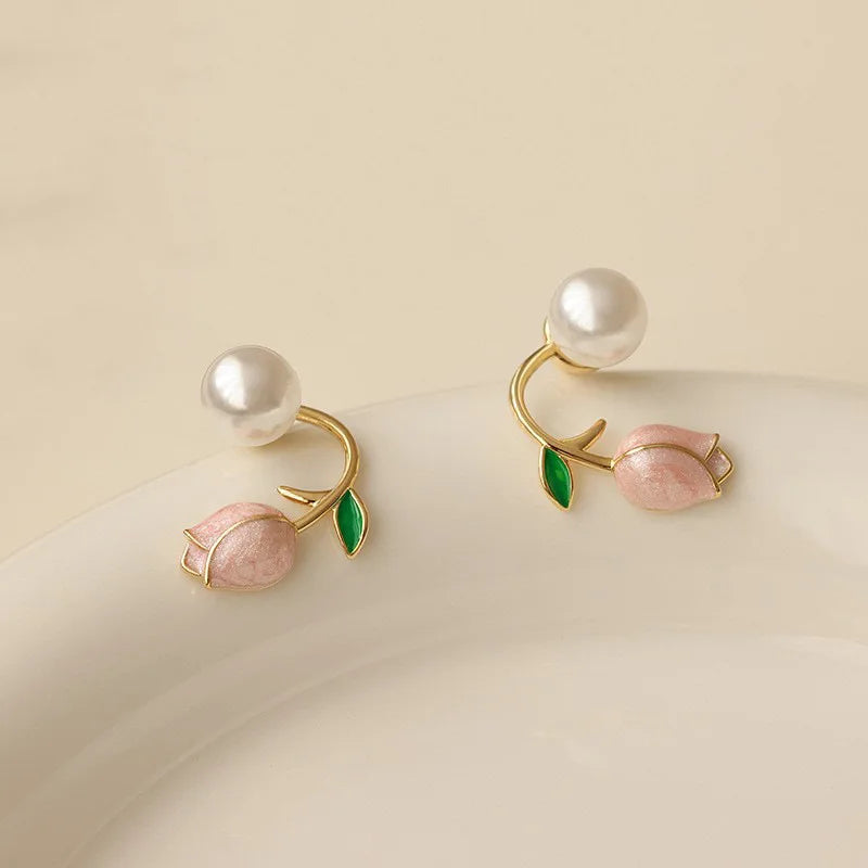 French Tulip Flower Stud Earrings Light Luxury Imitation Pearl Earrings Women's Fashion Summer Female Ear Jewelry Party Gifts