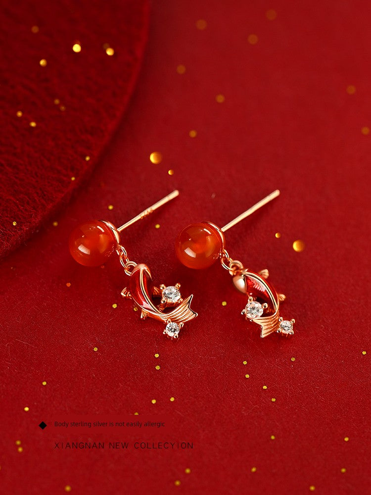 [Xiangnan] 925 Sterling Silver Red Agate Koi Stud Earrings Birth Year 2025 Snake Earrings New Year Female Earrings