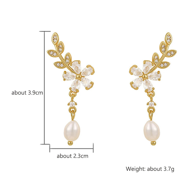 ZAKOL Korean Fashion Flower Earrings Shiny Leaf Zircon Imitation Pearl Drop Earring Bridal Wedding Jewelry