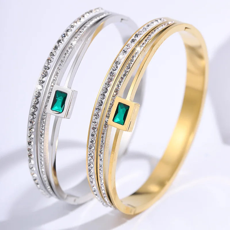 Stainless Steel Inlaid Zirconium Multi-Layer Bracelet For Women Three-Layer Green Zircon Versatile Fashion Bracelet Jewelry