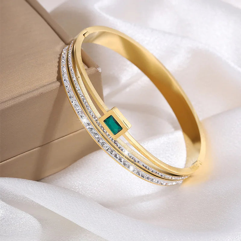 Stainless Steel Inlaid Zirconium Multi-Layer Bracelet For Women Three-Layer Green Zircon Versatile Fashion Bracelet Jewelry