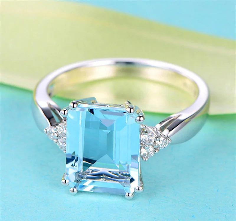 925 Sterling Silver Fashion Aquamarine Gemstone Ring For Women Wedding Party Jewelry Gifts Wholesale