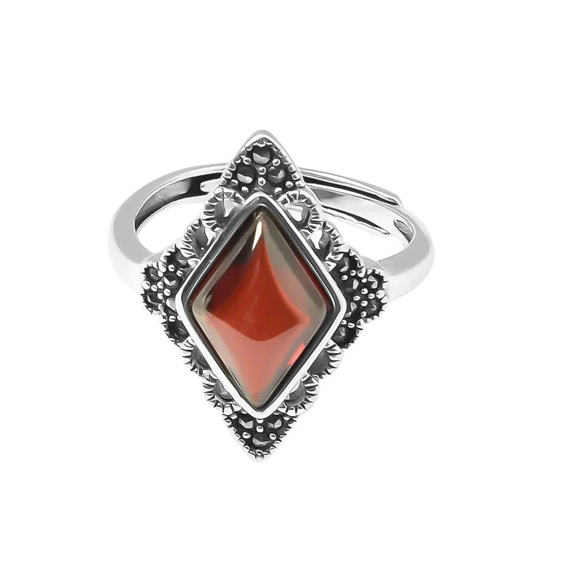 High Quality Vintage Rhombus Design Red Garnet Stone Thai Silver Ladies Rings Wholesale Jewelry For Women Christmas Gifts