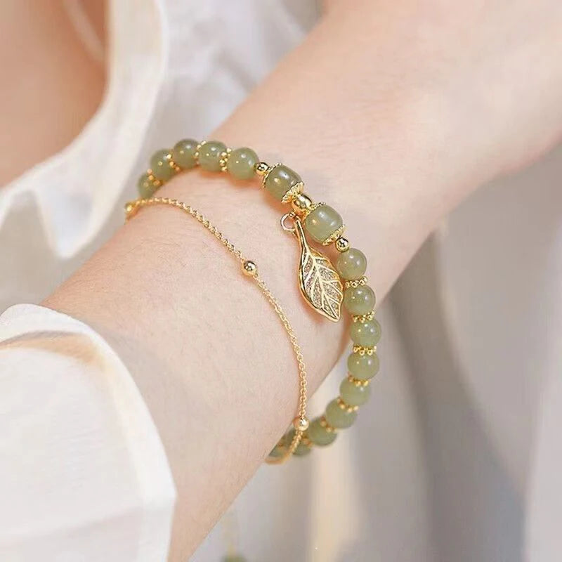 Chinese Style Green Jade Bracelet For Women Exquisite Gold Color Leaves Wrist Strap Bangle Double Chain Bracelet Girls Gifts