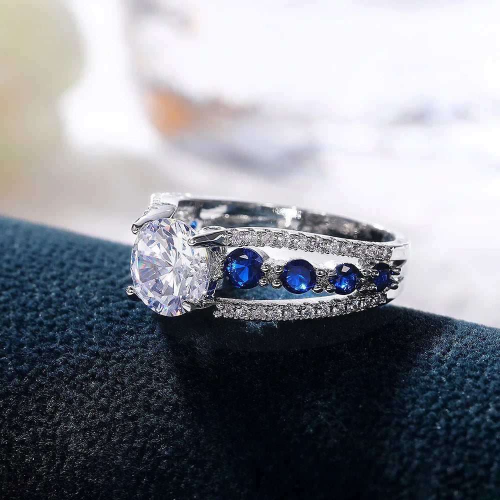 Creative Hollow out Sapphire Blue Zircon Ring for WOMEN'S Luxurious Banquet Engagement Jewelry