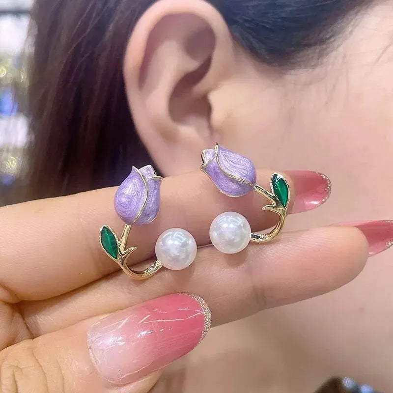 French Tulip Flower Stud Earrings Light Luxury Imitation Pearl Earrings Women's Fashion Summer Female Ear Jewelry Party Gifts