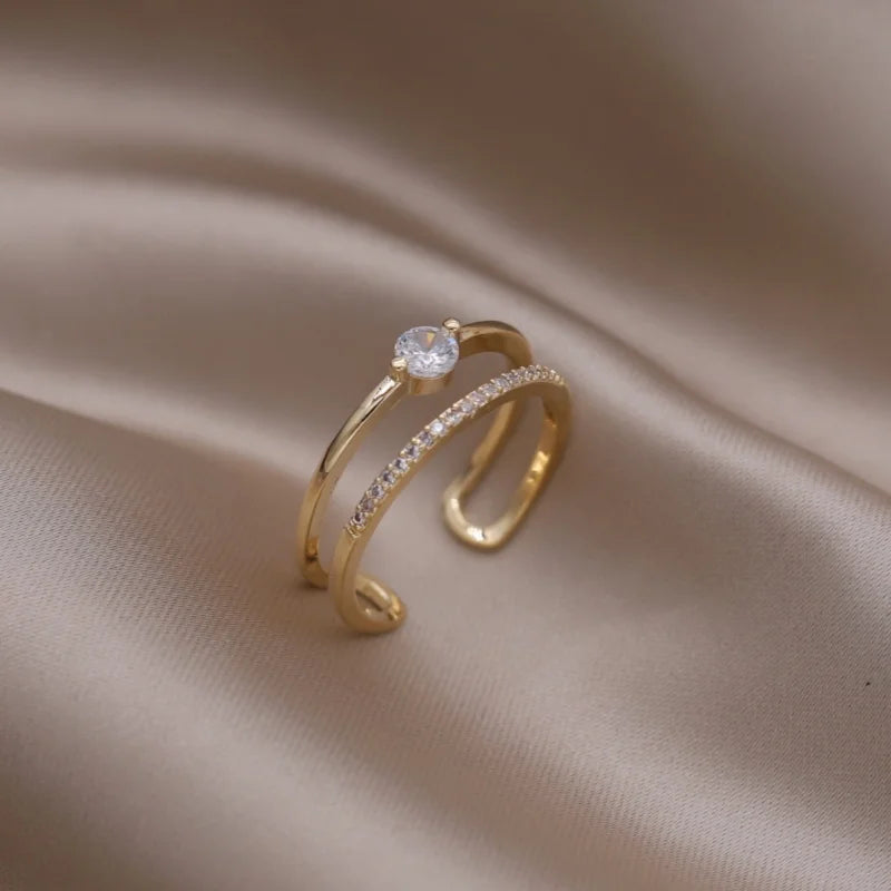 Korea's new fashion jewelry 14K gold plated simple double love crystal ring elegant women's daily opening ring accessories