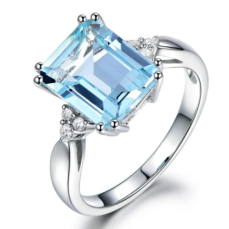 925 Sterling Silver Fashion Aquamarine Gemstone Ring For Women Wedding Party Jewelry Gifts Wholesale