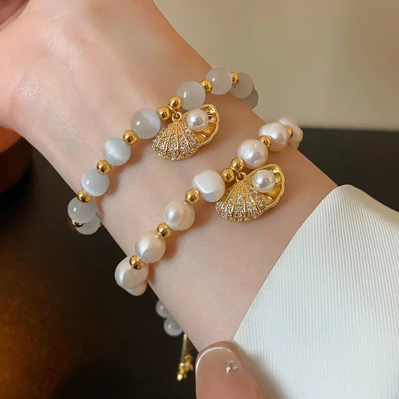 Baroque Irregular Freshwater Pearl Bracelets for Women Girls Luxury Natural Cat's Eye Opal Stone Adjustable Bracelet Jewelry