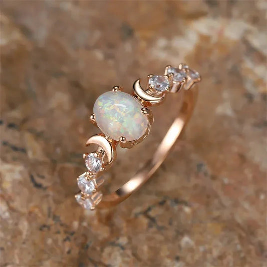 Huitan Blue/White Imitation Opal Moon Rings for Women Aesthetic Wedding Accessories Fancy Anniversary Gift Statement Jewelry Hot