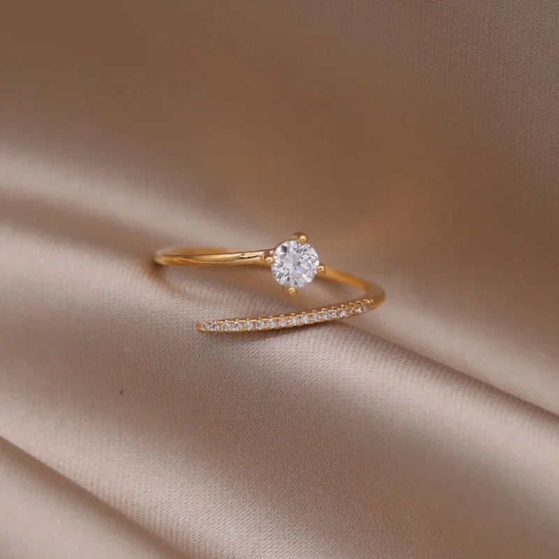 Korea's new fashion jewelry 14K gold plated simple double love crystal ring elegant women's daily opening ring accessories