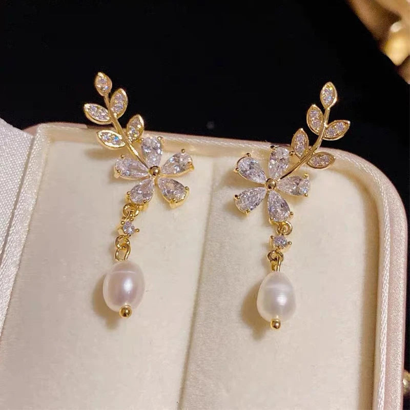 ZAKOL Korean Fashion Flower Earrings Shiny Leaf Zircon Imitation Pearl Drop Earring Bridal Wedding Jewelry