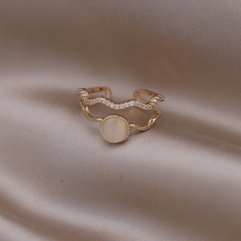 Korea's new fashion jewelry 14K gold plated simple double love crystal ring elegant women's daily opening ring accessories