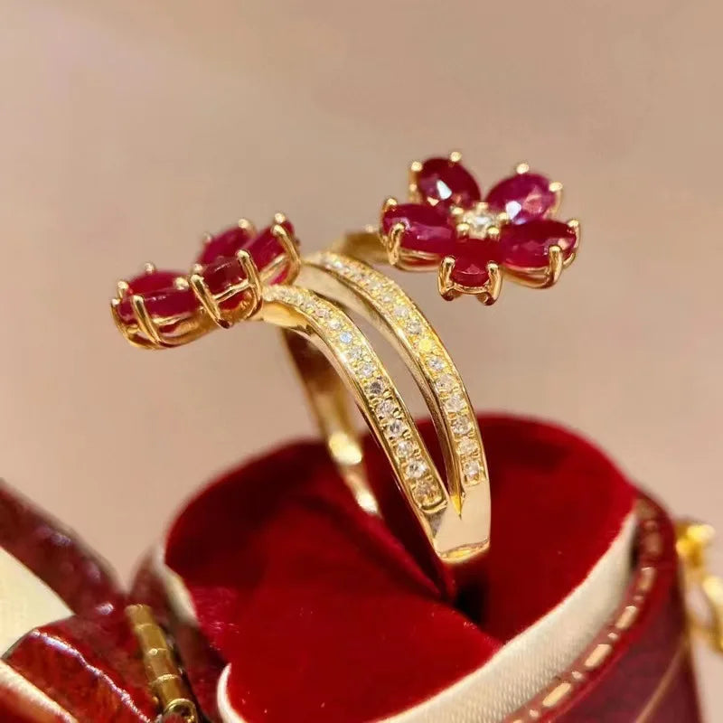 Fashion Vintage Delicate Floral Ruby Rings for Female Temperament Inlaid Full of Cubic Zirconia Opening Ring Party Birthday Gift