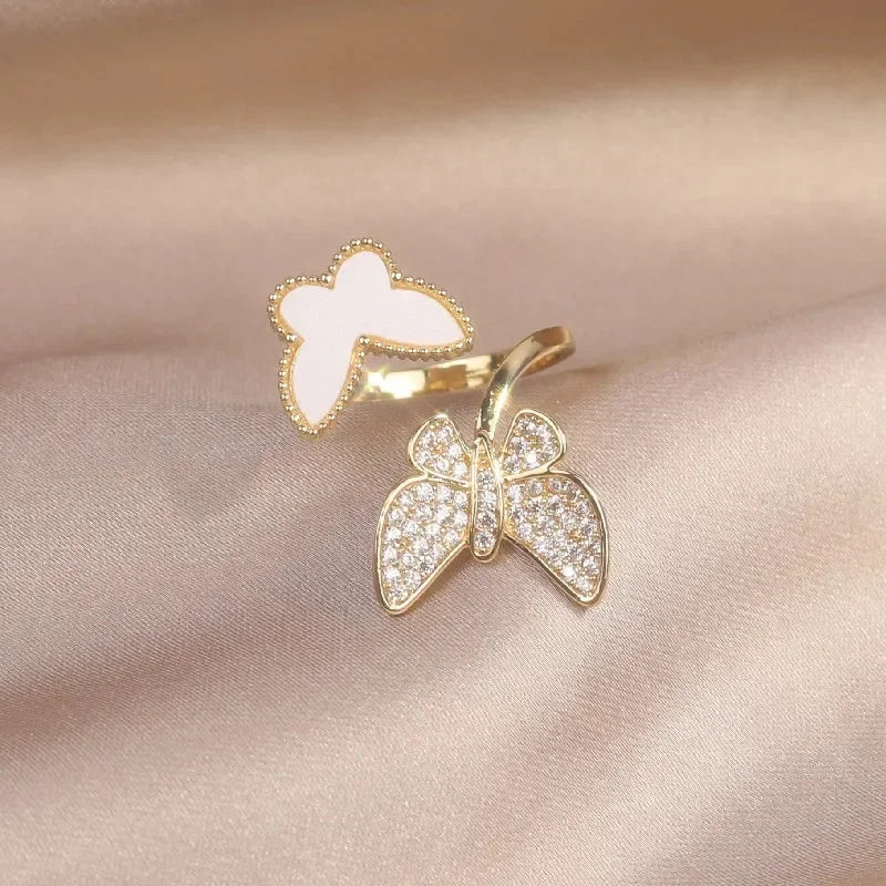 Korea's new fashion jewelry 14K gold plated simple double love crystal ring elegant women's daily opening ring accessories