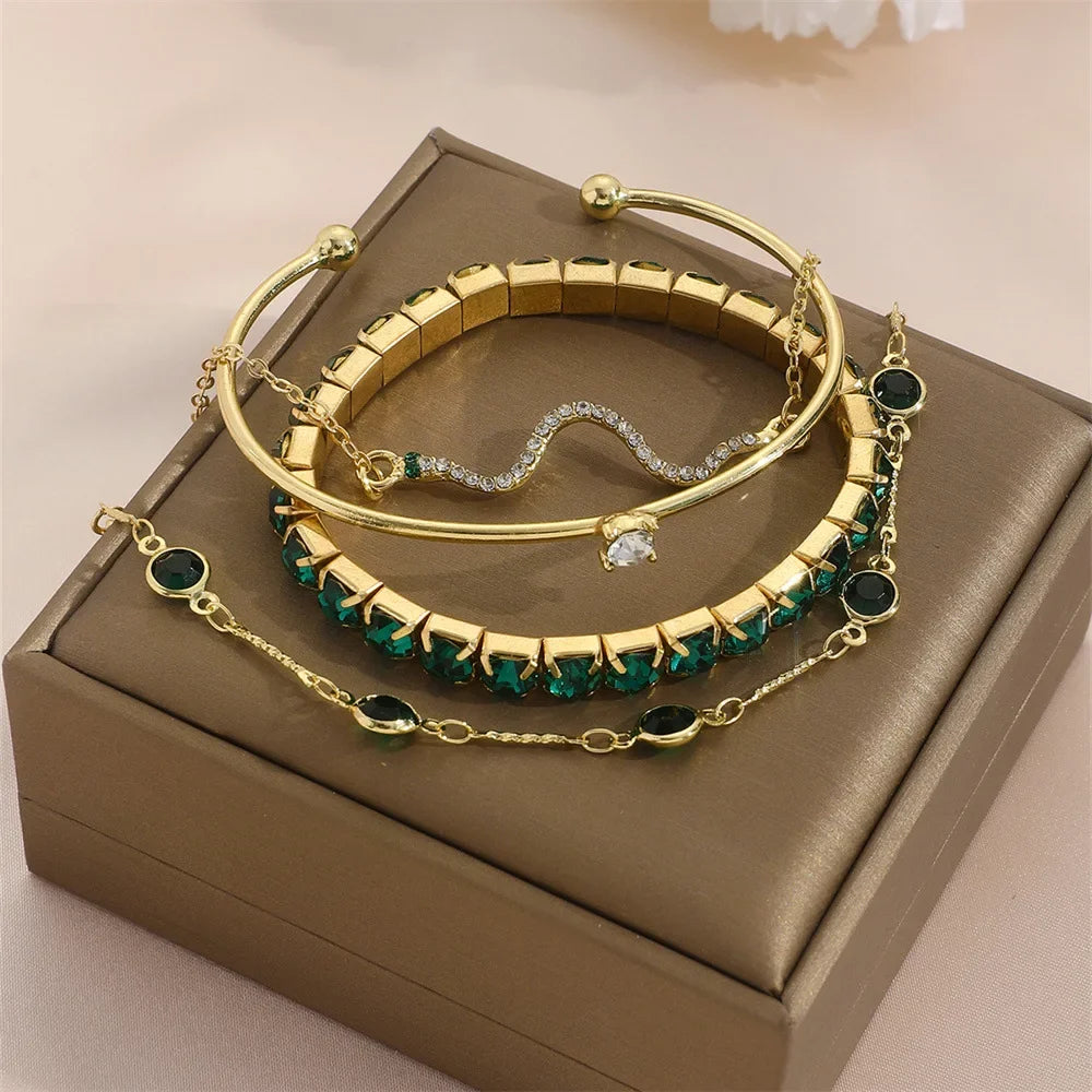 4Pcs/Set Fashion Snake Green Gemstone Bangle Rhinestone Full Metal Bracelet For Women Birthday Party Christmas Gift Jewerly