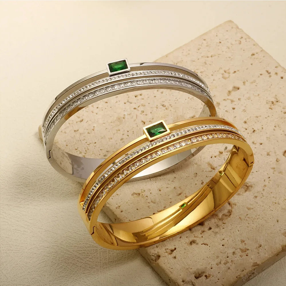 Stainless Steel Inlaid Zirconium Multi-Layer Bracelet For Women Three-Layer Green Zircon Versatile Fashion Bracelet Jewelry